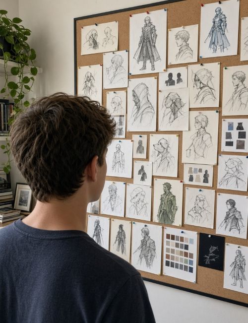 Adolescent regardant son moodboard de character design pour préparer son book artistique