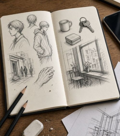 Book artistique ouvert avec croquis d'observation et études de personnages pour portfolio école d'art