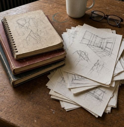 pile de carnets usés et feuilles de dessins préparatoires pour constituer un book école d'art