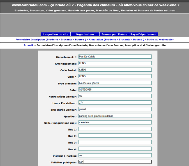 Inscription sur Sabradou pour organisateur de brocantes